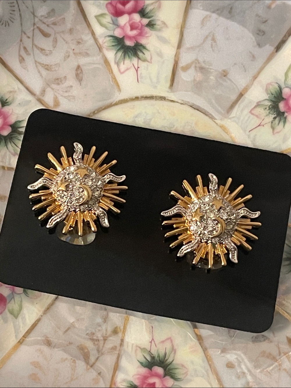 Vintage Celestial Sun, Moon, & Stars Two-Tone Swarovski Crystal Clip On Earrings